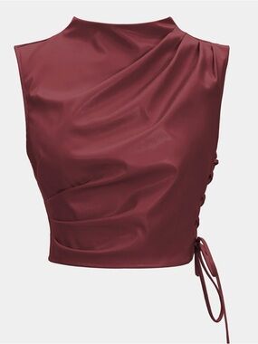 Sleeveless Faux-Leather Lace-Up Crop Top in Burgundy